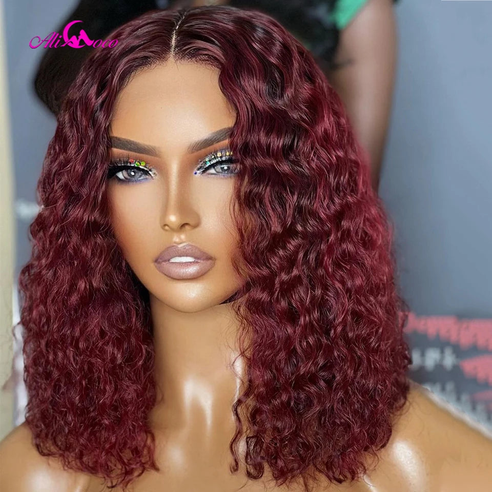 180% Density 99J Lace Front Wigs Human Hair Wine Red Bob Wig For Woman 13x4 Lace Frontal Wigs Short Curly Bob Wig With Baby Hair