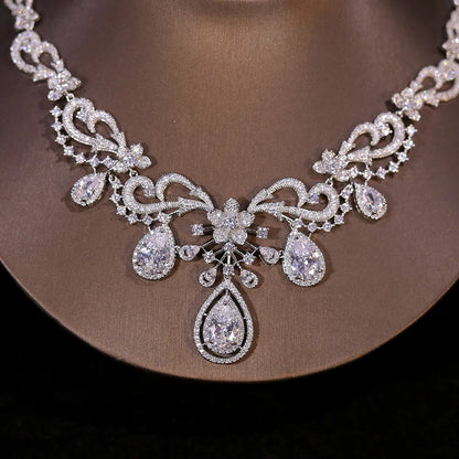 ASNORA 2024 New Design Flower and Water Drops Necklace For Women Wedding Luxury Dubai Bridal White Zirconia Jewelry Set X0493