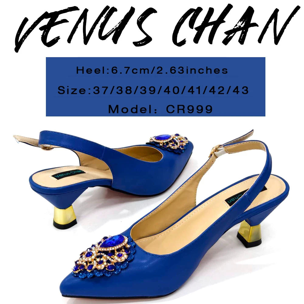 Venus Chan Latest Wedding Pointed Toe Women's Shoes High Heel White Color Rhinestones Party Ladies Shoes And Bag Set