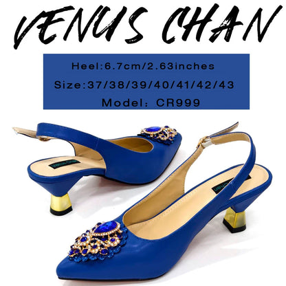 Venus Chan Latest Wedding Pointed Toe Women's Shoes High Heel White Color Rhinestones Party Ladies Shoes And Bag Set