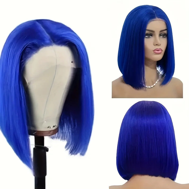 13*4 Lace Front Human Hair Wig Blue Straight Bob Wig Brazilian Straight Transparent Lace Frontal Wig For Women