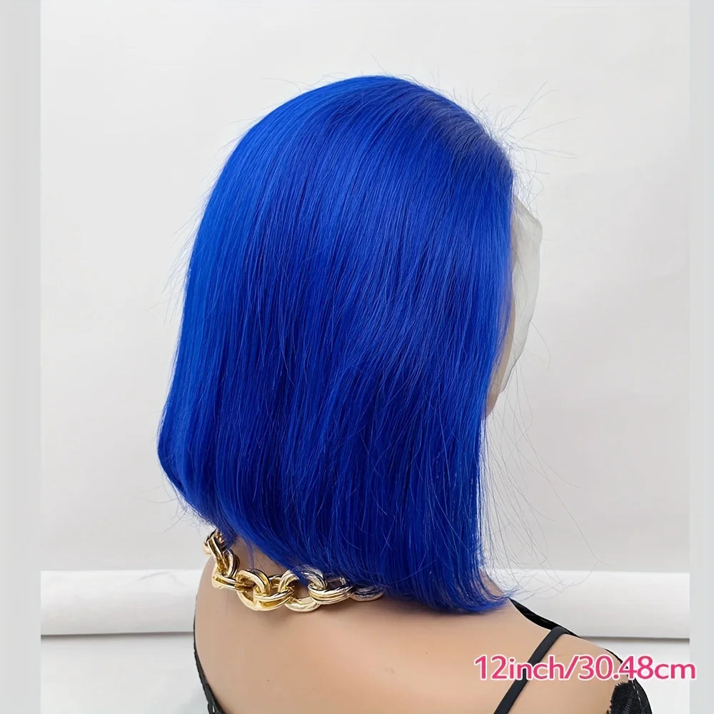 13*4 Lace Front Human Hair Wig Blue Straight Bob Wig Brazilian Straight Transparent Lace Frontal Wig For Women