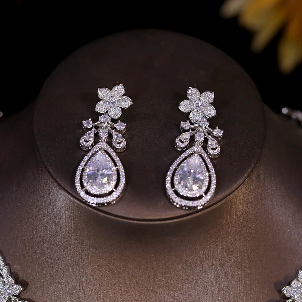 ASNORA 2024 New Design Flower and Water Drops Necklace For Women Wedding Luxury Dubai Bridal White Zirconia Jewelry Set X0493