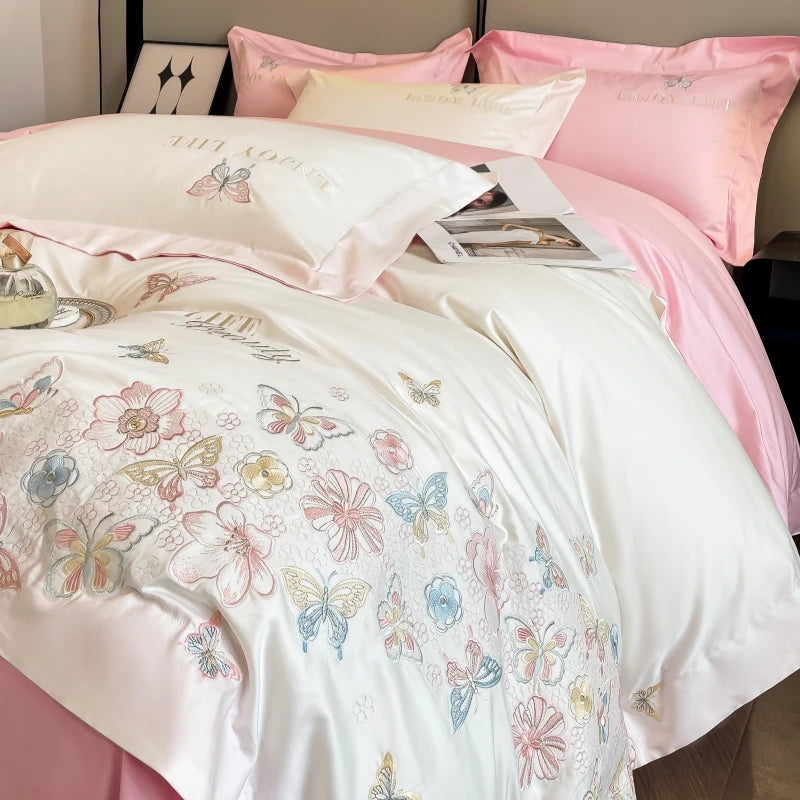 100% Egyptian Cotton Luxury Butterfly Flowers Embroidery Bedding White/Pink Duvet Cover Set Fitted Sheet Bed Sheet Pillowcases