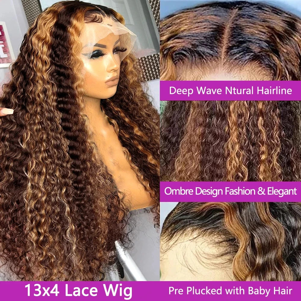 13x6 Hd Lace Highlight Wig Human Hair Wigs Glueless Curly Colored Honey Blonde Brazilian Water Wave 13x4 Deep Wave Frontal Wig