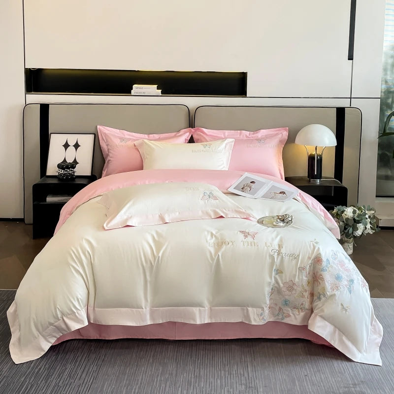 100% Egyptian Cotton Luxury Butterfly Flowers Embroidery Bedding White/Pink Duvet Cover Set Fitted Sheet Bed Sheet Pillowcases