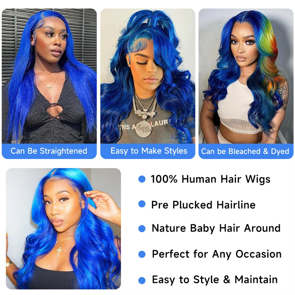 13x4 Royal Blue Body Wave Lace Front Human Hair Wigs Pre Plucked Brazilian Blue HD Lace Frontal Wig For Women Human Hair Wig