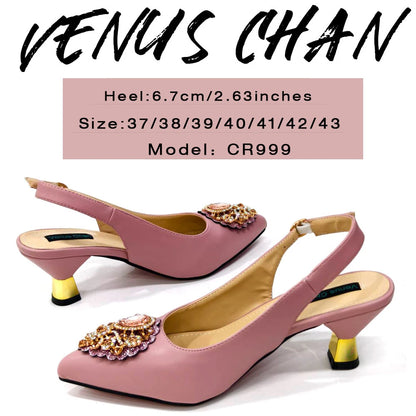 Venus Chan Latest Wedding Pointed Toe Women's Shoes High Heel White Color Rhinestones Party Ladies Shoes And Bag Set