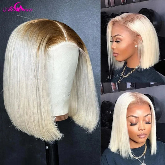 13x4 13x6 Lace Frontal Wig 613 Colored With Brown Roots Transparent Lace Front Human Hair Short Bob Wig Pre-Plucked For Women