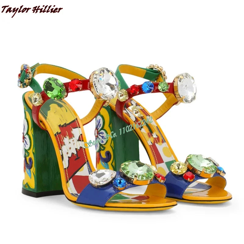 New Summer Gemstone Thick Heel Printed Beach Sandals Women'S Retro Rhinestone Crystal Open Toe Fashion Banquet Dress Sandals 43