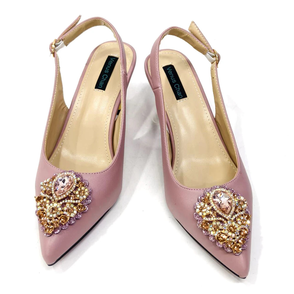 Venus Chan Latest Wedding Pointed Toe Women's Shoes High Heel White Color Rhinestones Party Ladies Shoes And Bag Set