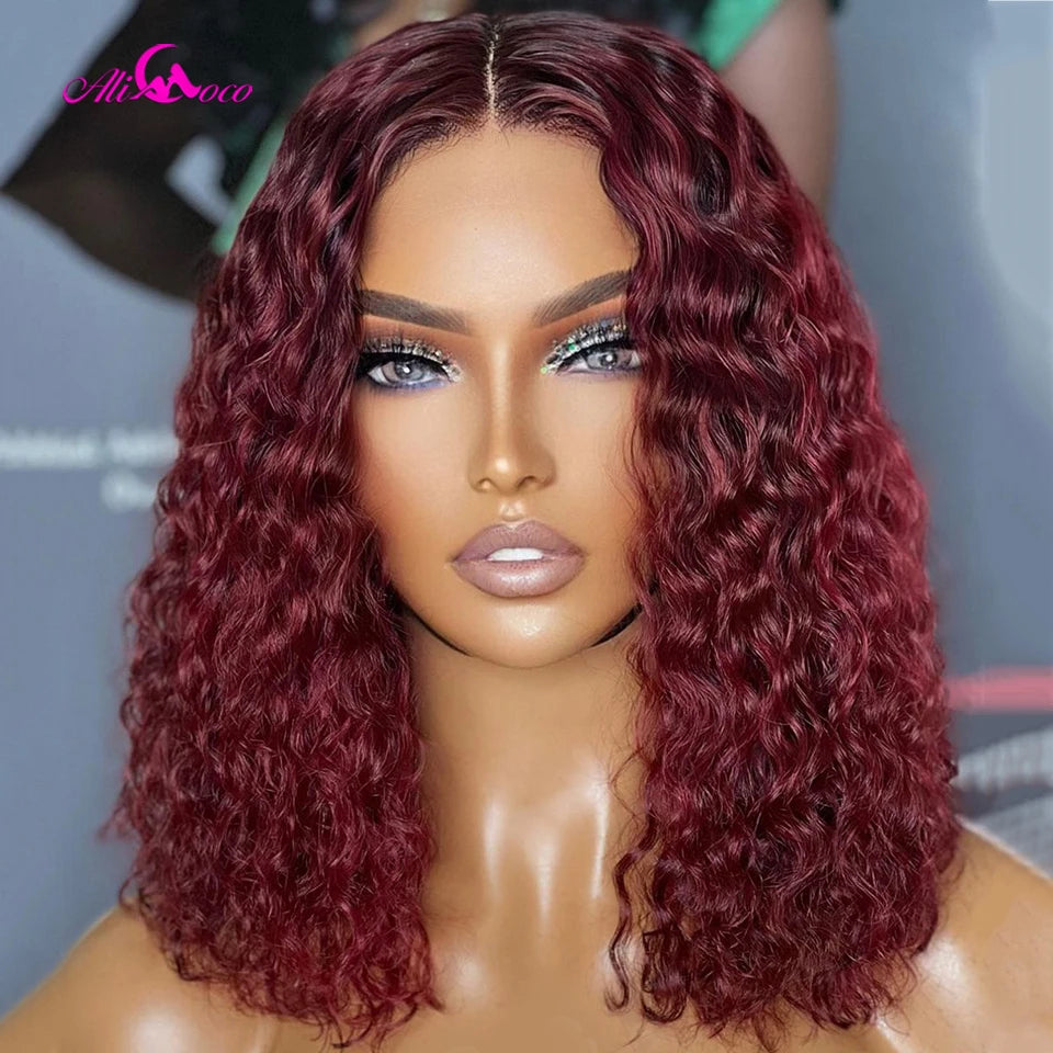 180% Density 99J Lace Front Wigs Human Hair Wine Red Bob Wig For Woman 13x4 Lace Frontal Wigs Short Curly Bob Wig With Baby Hair