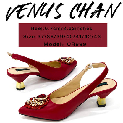 Venus Chan Latest Wedding Pointed Toe Women's Shoes High Heel White Color Rhinestones Party Ladies Shoes And Bag Set