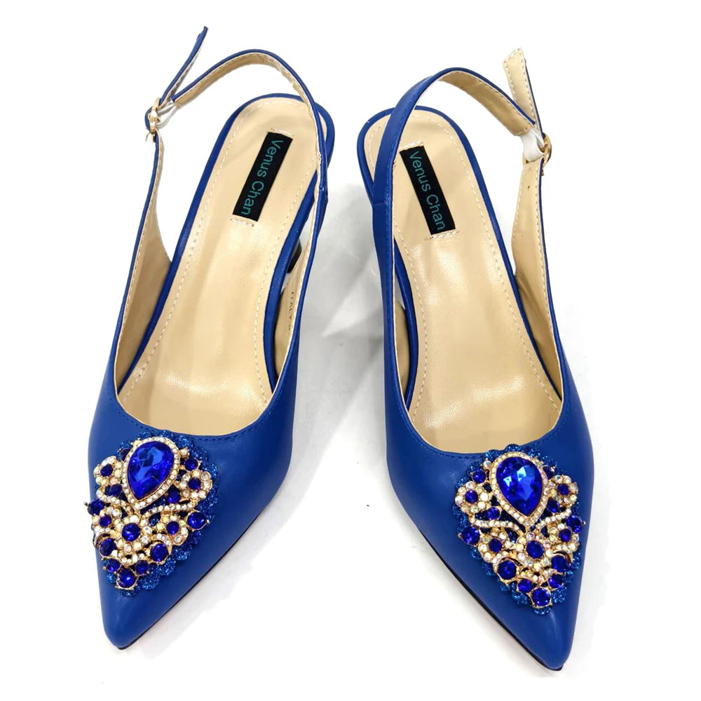 Venus Chan Latest Wedding Pointed Toe Women's Shoes High Heel White Color Rhinestones Party Ladies Shoes And Bag Set