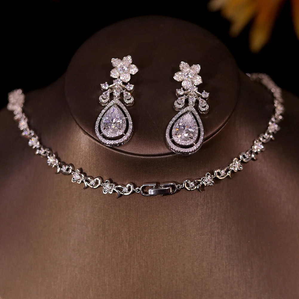 ASNORA 2024 New Design Flower and Water Drops Necklace For Women Wedding Luxury Dubai Bridal White Zirconia Jewelry Set X0493