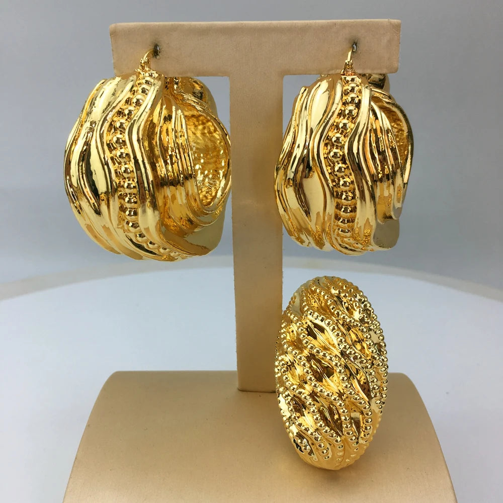 Italian Gold Plated Jewelry Set for Women Big Size Necklace Earrings Bracelet Ring 4Pcs Bridal Wedding Party Gifts FHK18986