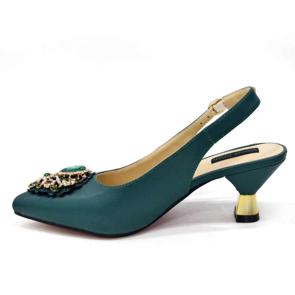 Venus Chan Latest Wedding Pointed Toe Women's Shoes High Heel White Color Rhinestones Party Ladies Shoes And Bag Set