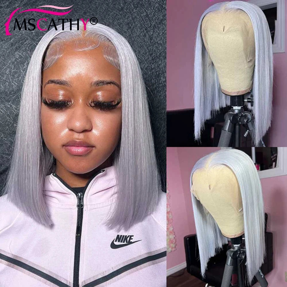 13x4 Silver Grey Short Bob Wig with Baby Hairline Brazilian Virgin Human Hair HD Lace Frontal Wigs for Women Preplucked 150%