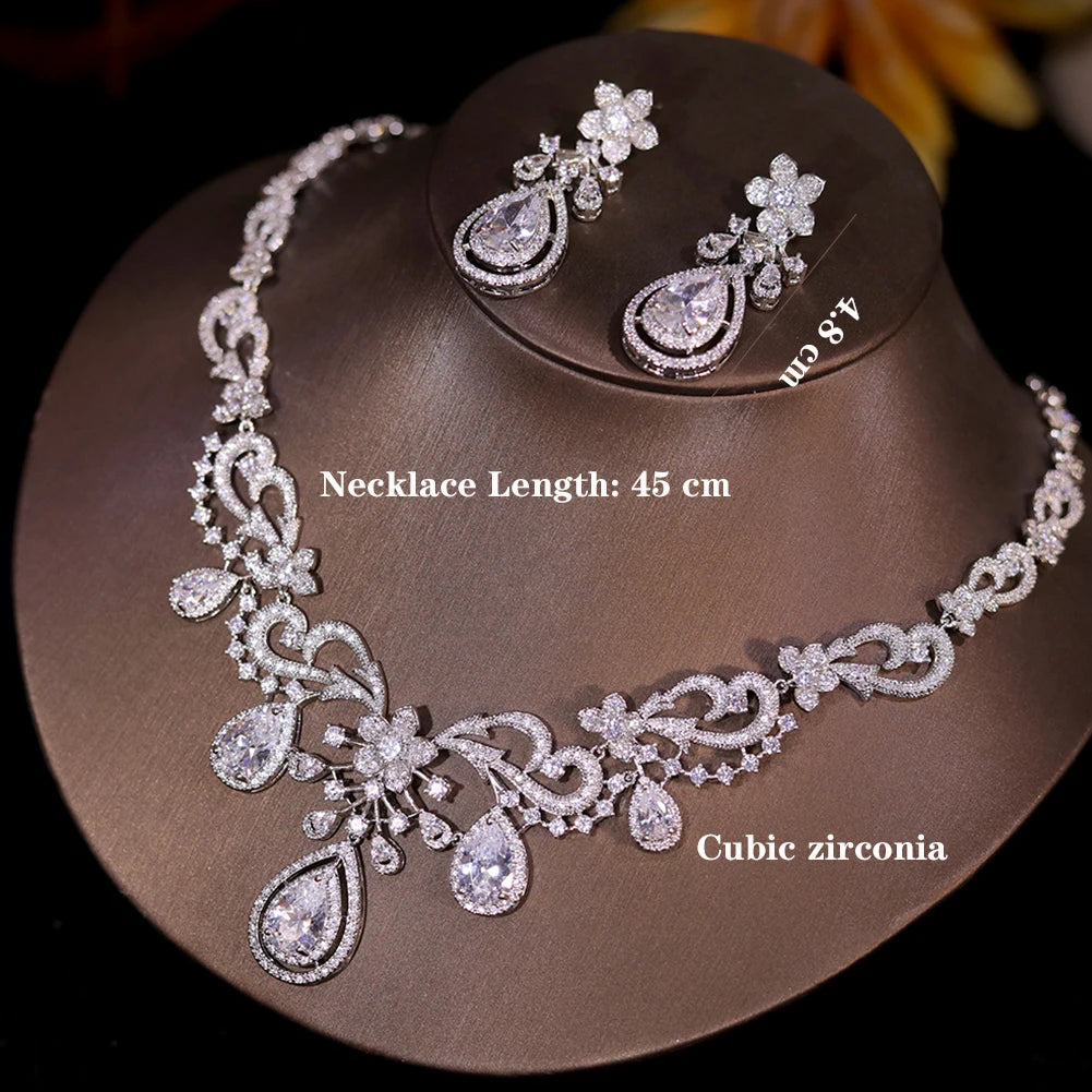 ASNORA 2024 New Design Flower and Water Drops Necklace For Women Wedding Luxury Dubai Bridal White Zirconia Jewelry Set X0493