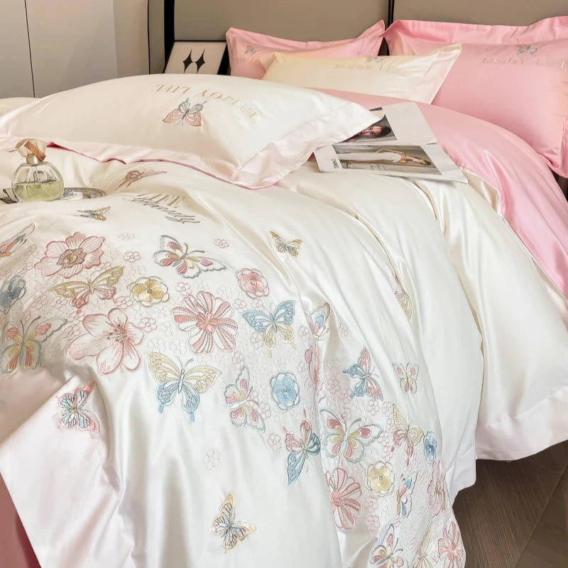 100% Egyptian Cotton Luxury Butterfly Flowers Embroidery Bedding White/Pink Duvet Cover Set Fitted Sheet Bed Sheet Pillowcases