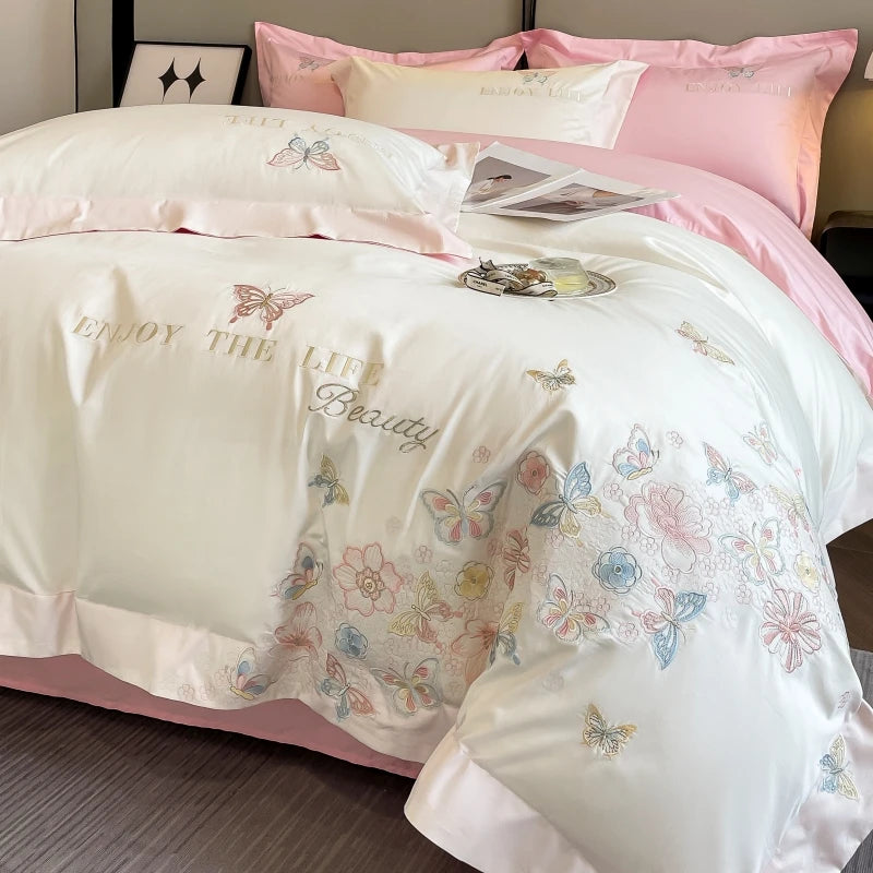 100% Egyptian Cotton Luxury Butterfly Flowers Embroidery Bedding White/Pink Duvet Cover Set Fitted Sheet Bed Sheet Pillowcases