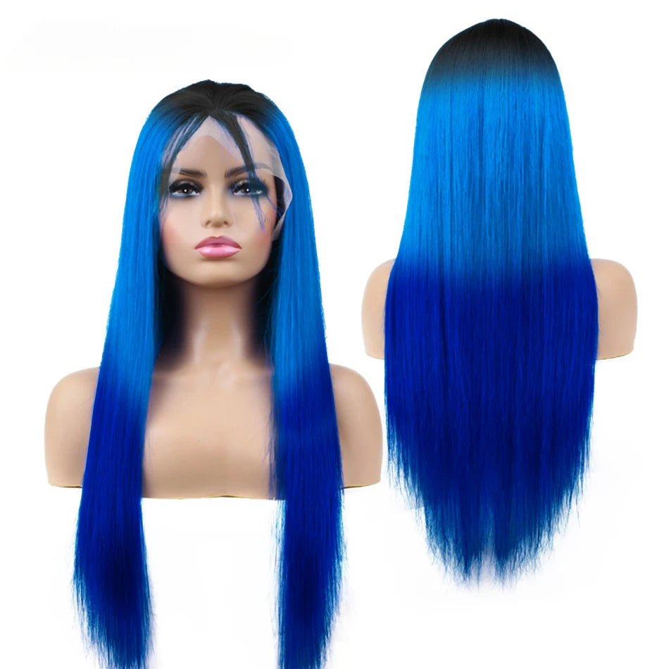 13x4 Lace Front Wig Ombre Blue Color Straight Human Hair Transparent Lace Frontal Human Hair Wigs Pre Plucked For Women