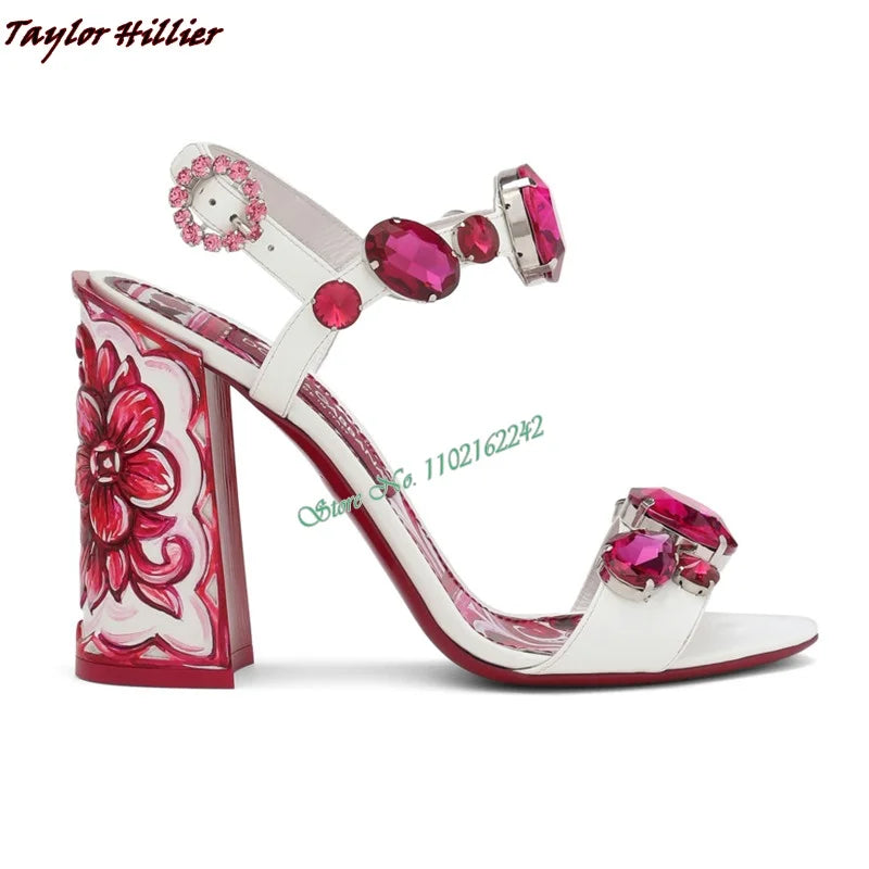 New Summer Gemstone Thick Heel Printed Beach Sandals Women'S Retro Rhinestone Crystal Open Toe Fashion Banquet Dress Sandals 43