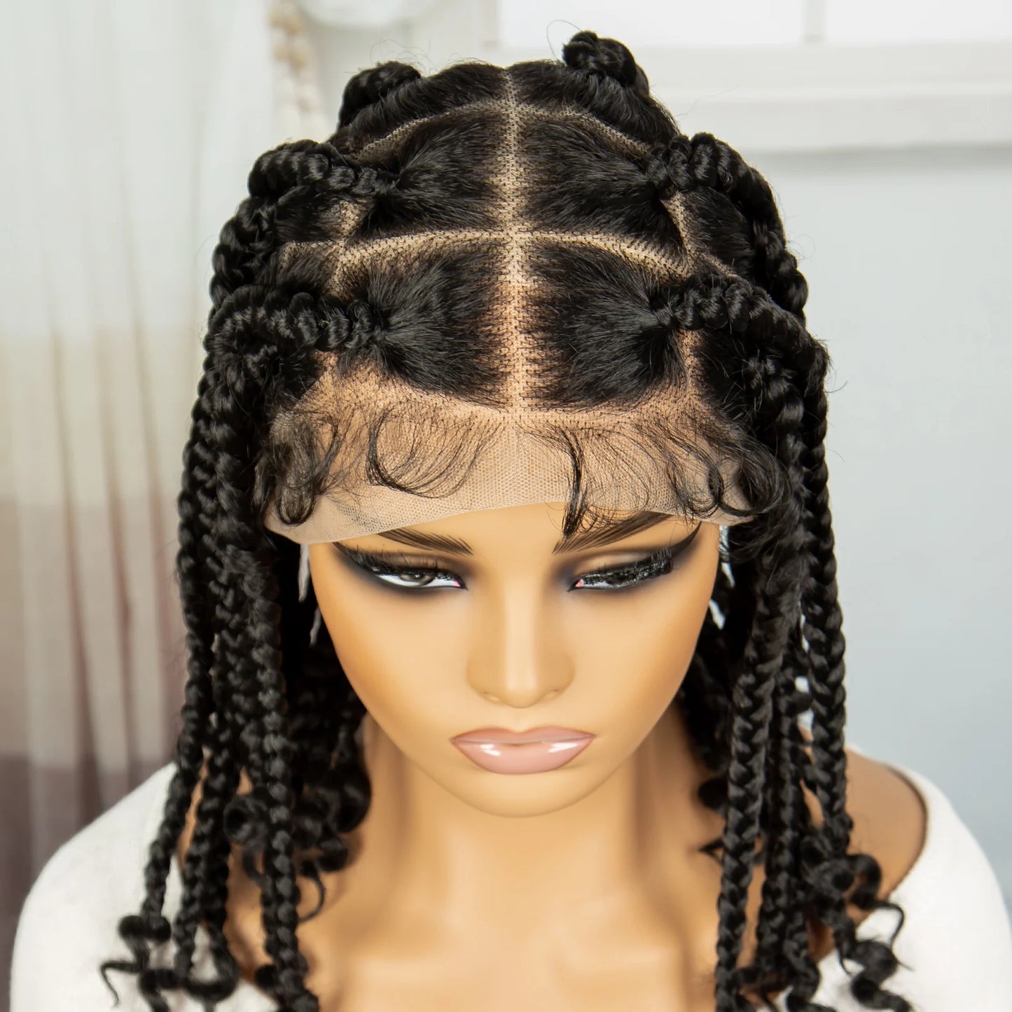 14 Iinch Short Braided Wigs with Curly Ends Synthetic Full Lace Braided Wigs for Black Women Knotless Box Braiding Hair Wig