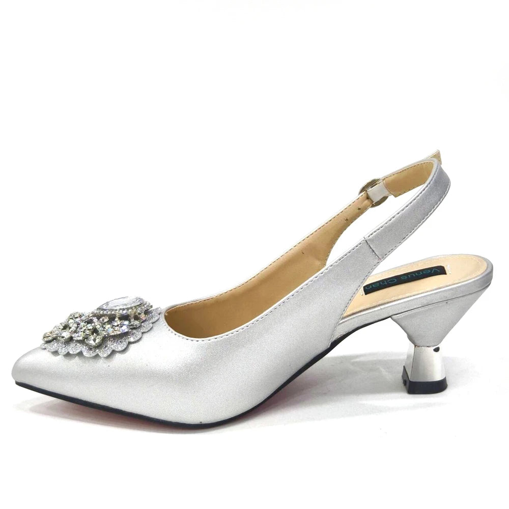 Venus Chan Latest Wedding Pointed Toe Women's Shoes High Heel White Color Rhinestones Party Ladies Shoes And Bag Set