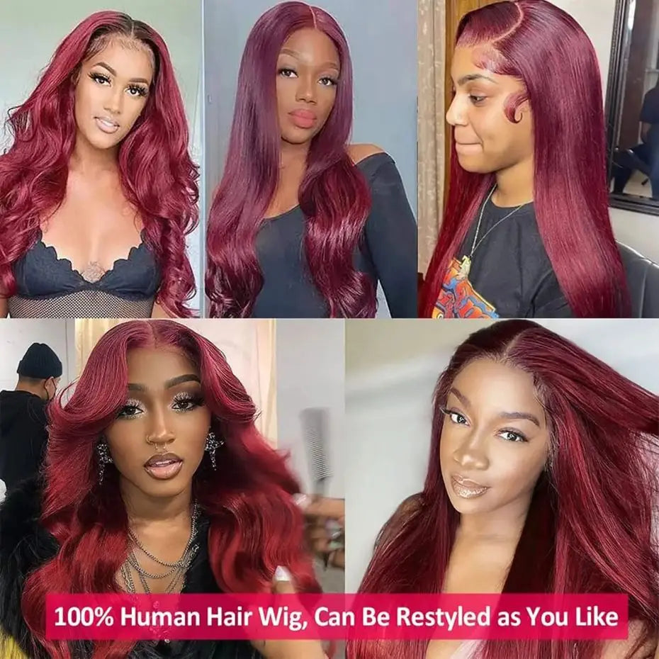 180 Density 99J Burgundy 13X6 HD Straight Lace Front Human Hair Wigs 30 32 Inch Red Colored Frontal Wig for Women Lace Frontal