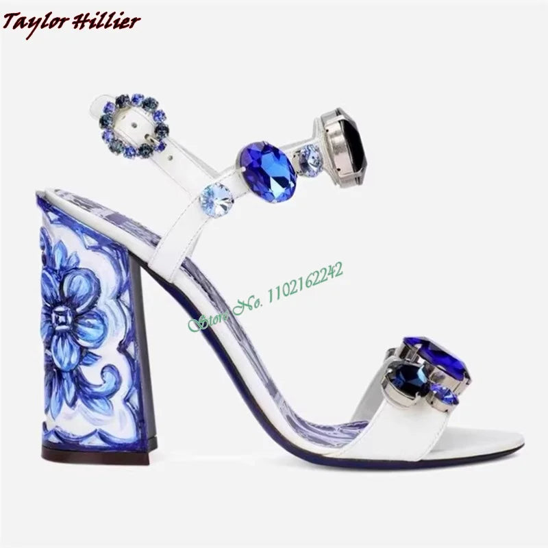 New Summer Gemstone Thick Heel Printed Beach Sandals Women'S Retro Rhinestone Crystal Open Toe Fashion Banquet Dress Sandals 43
