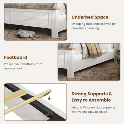 Farmhouse Queen Size Bed Frame with Bookcase Headboard Platform Bed Frames with LED Lights & Charging Station, Queen Storage Bed with Sliding Barn Door, Noiseless, White