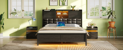 Greenstell Bed Frame Twin/Full/Queen Size with Charging Station, Bookcase Headboard Bed with LED Light and Sliding Doors, Platform Bed with Wooden Slats, No Box Spring Needed, Noise Free