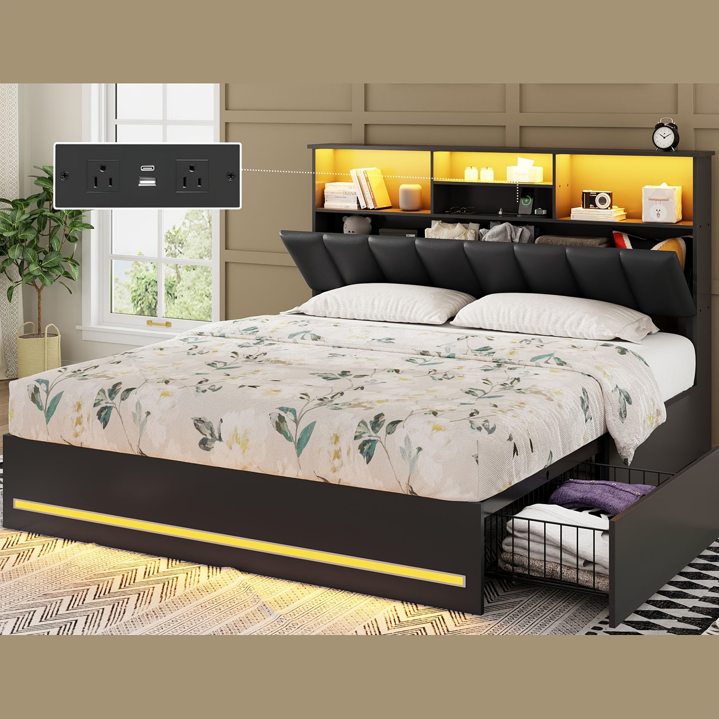 MSmask Queen Size LED Bed Frame with Storage Headboard, 4 Drawers & Bookcase - Contemporary Metal Design, RGB Lighting, Built-in Charging Station, Ideal for Modern Bedrooms