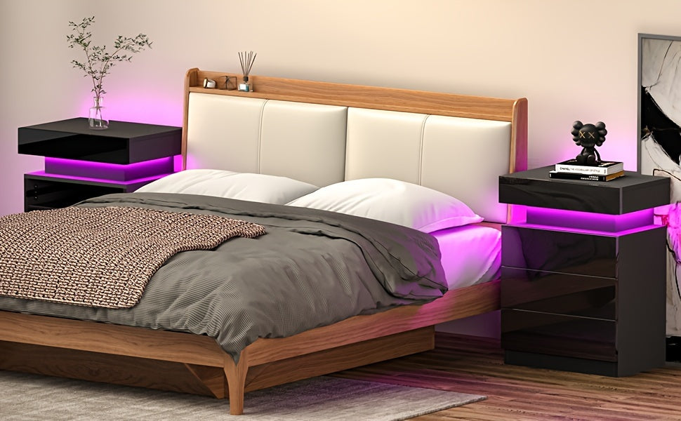 Nightstand with LED Lights, 3 Drawers and 1 Flapping Top Storage Box, White Night Stand for Bedroom, Modern Tall Bedside Table with High Gloss Panel, Glacier White, Darknight Black