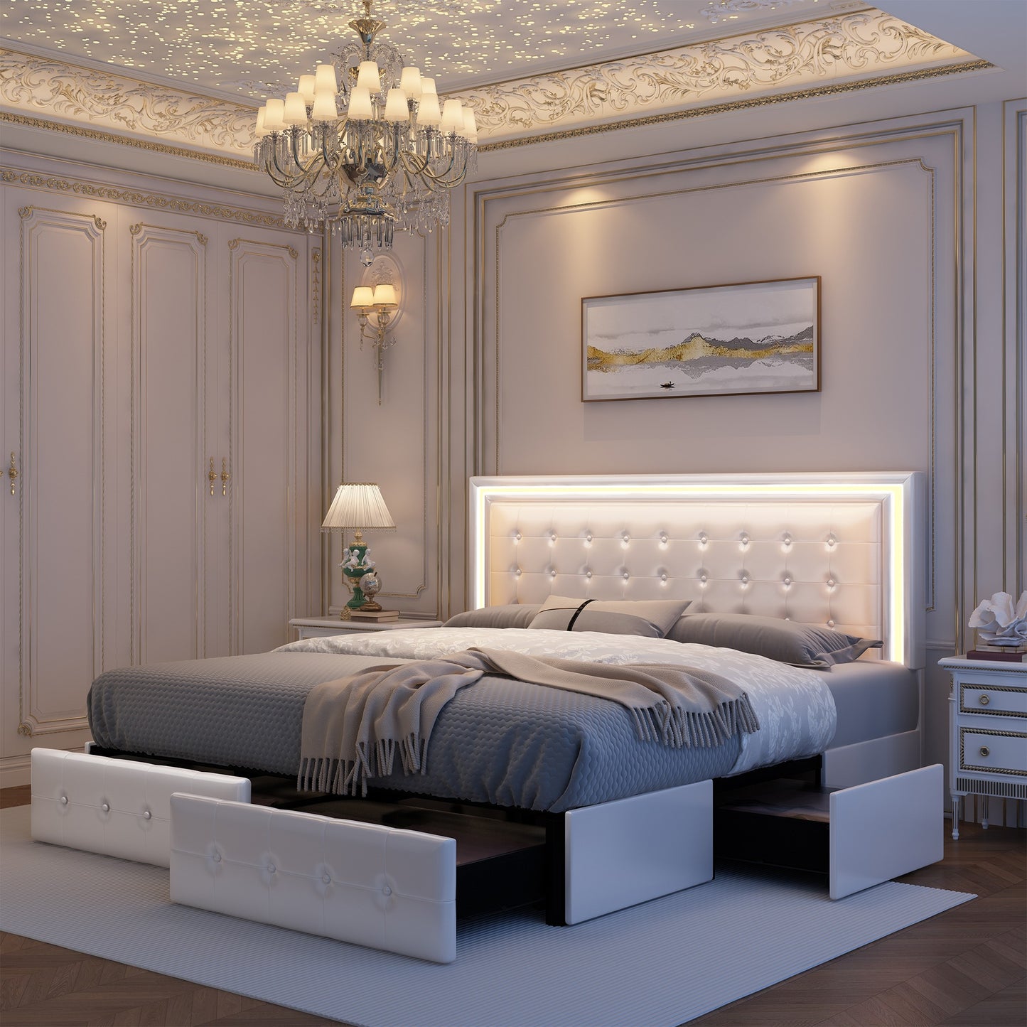 LED Queen Bed Frame - 4 Drawers & Adjustable Headboard