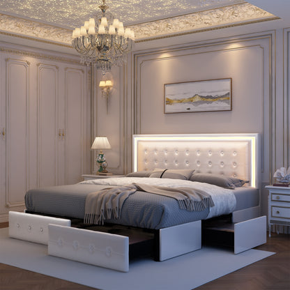 LED Queen Bed Frame - 4 Drawers & Adjustable Headboard