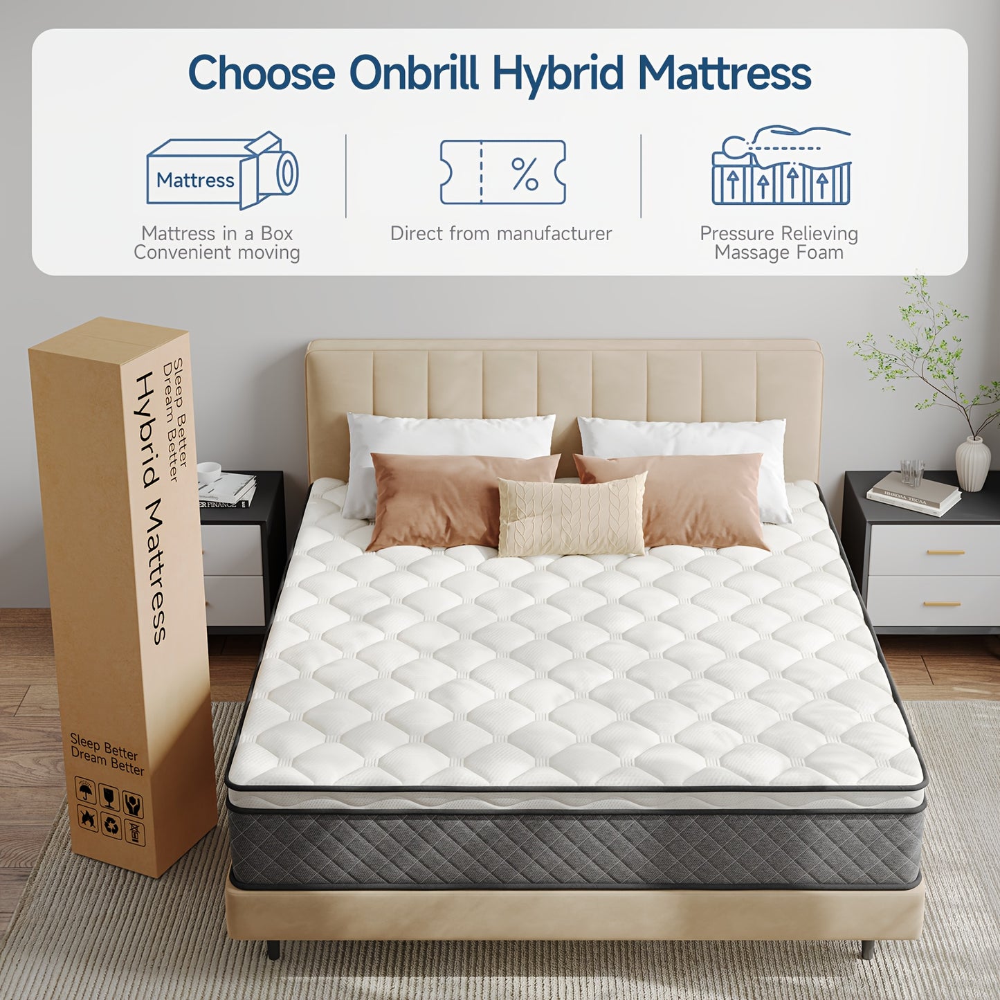 Mattress, 12 Inch Innerspring Hybrid Mattress In A Box With Gel Memory Foam, Individually Wrapped Encased Coil Pocket Spring Mattress, Pressure Relief, Medium Firm Support