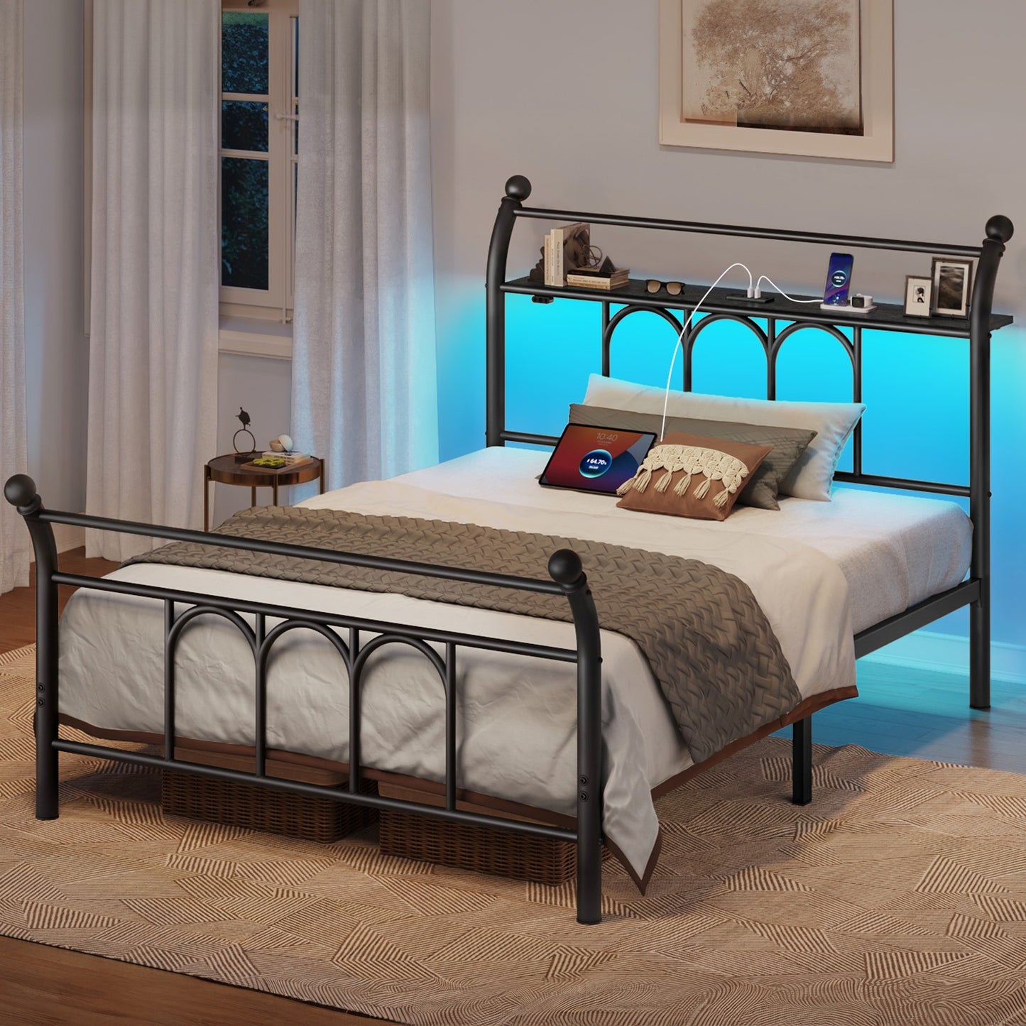 Classic Metal Platform Bed Frame with Victorian Style Iron-Art Headboard/Footboard/Under Bed Storage/No Box Spring Needed
