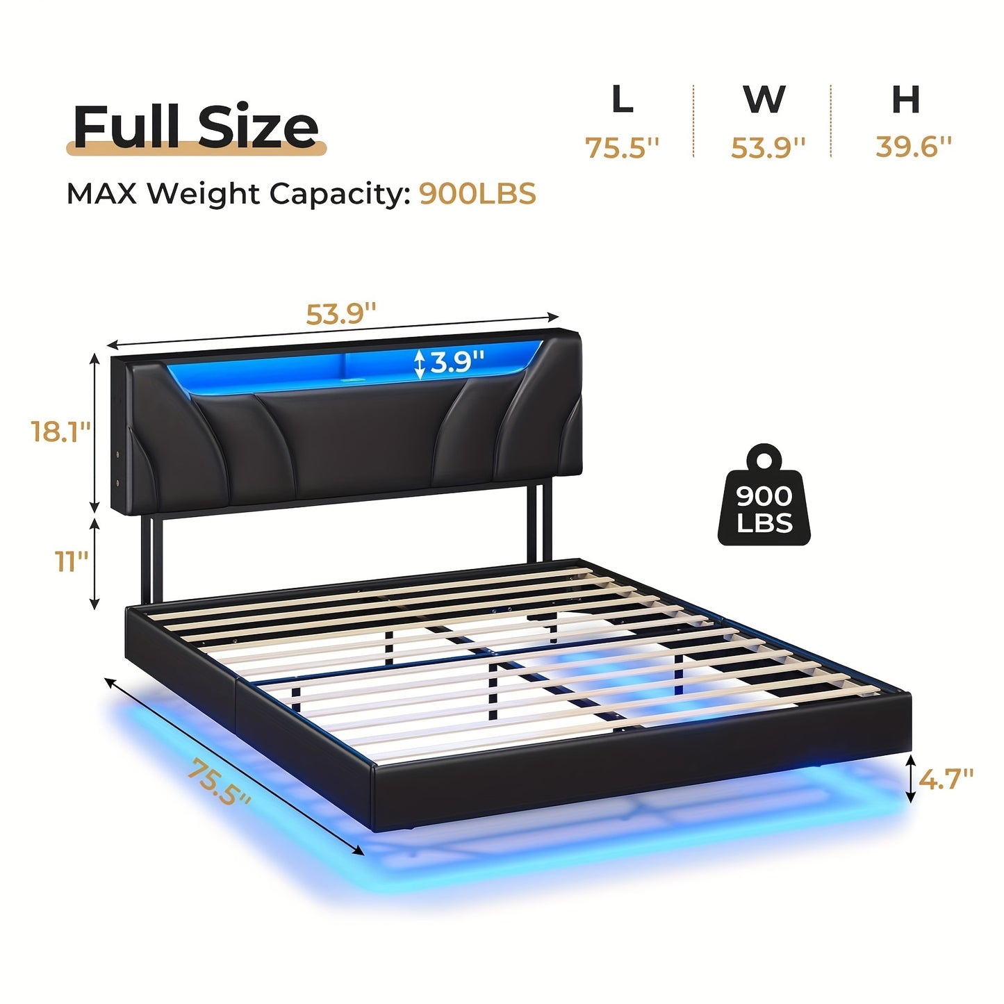Full Size LED Bed Frame with Charging Station, Floating Bed with Storage Headboard and Open Shelf for Bedroom, Black