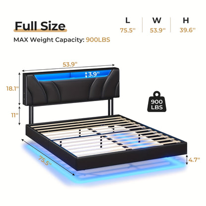 Full Size LED Bed Frame with Charging Station, Floating Bed with Storage Headboard and Open Shelf for Bedroom, Black