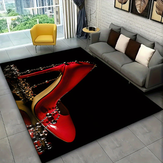Luxurious Red High Heels & Beads Velvet Area Rug - Non-Slip, Durable For Living Room, Bedroom, Entryway - Foldable Design For Easy Cleaning - Multiple Sizes Available