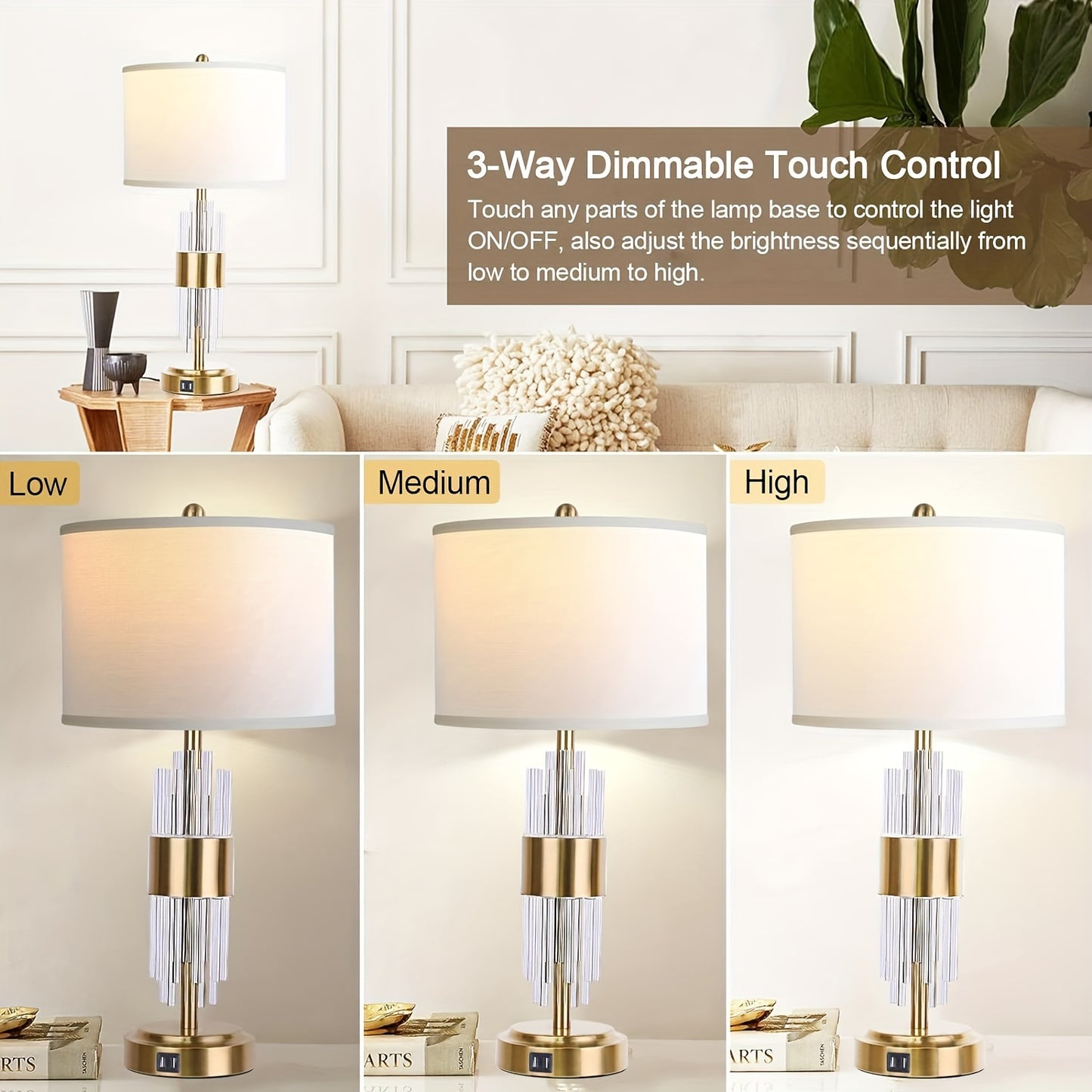 Bedside Table Golden Lamp For Living Room With USB Ports, Set Of 2 With Touch Control, Modern Nightstand White Drum Lamp Shade Bedrooms Home Office Light Decor Valentine'S Day And Easter Gifts