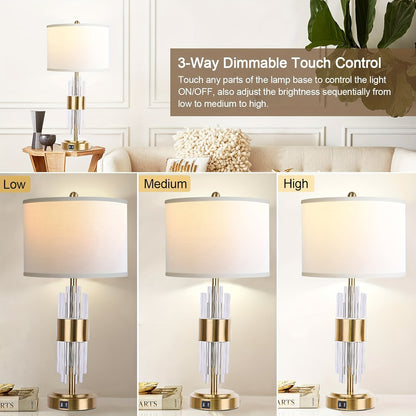 Bedside Table Golden Lamp For Living Room With USB Ports, Set Of 2 With Touch Control, Modern Nightstand White Drum Lamp Shade Bedrooms Home Office Light Decor Valentine'S Day And Easter Gifts