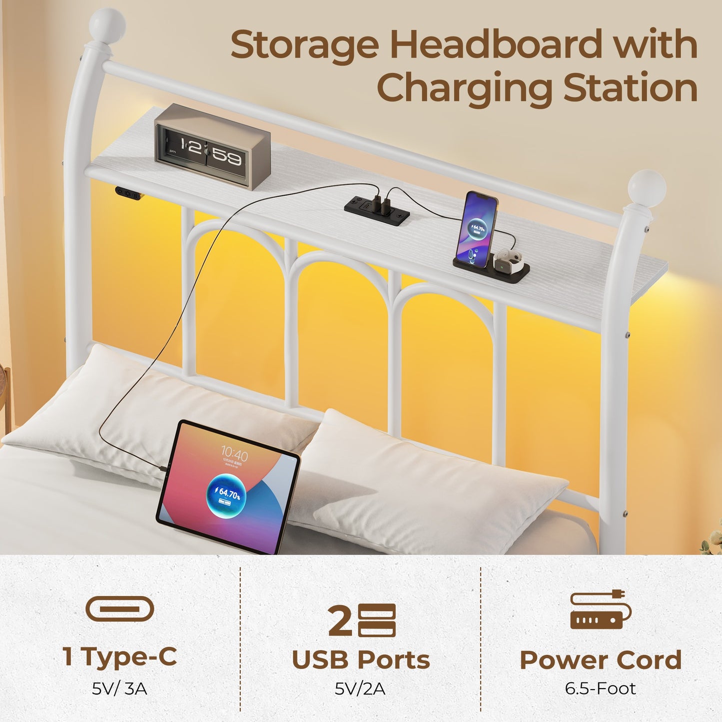 Classic Metal Platform Bed Frame with Victorian Style Iron-Art Headboard/Footboard/Under Bed Storage/No Box Spring Needed