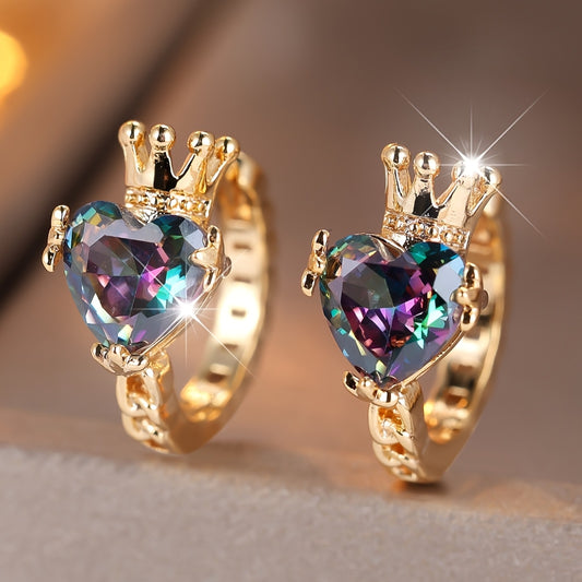 Women's Boho-Chic Crown & Multicolor Heart Hoop Earrings with Cubic Synthetic Zirconia - KC Copper Crown & Hearts, Wedding & Valentine's Day Gift, Year-Round Elegant Bohemian Suitable for Weddings, Parties, Casual Attire