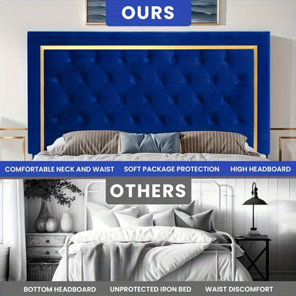 IndustraGear Queen Size Bed Frame with 51. 52Inch Tall Button Tufted Headboard, Velvet Upholstered Platform Bed Frame with Golden Trim, Modern Bed Frame/ No Box Spring Required/ Blue