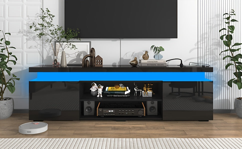LED TV Stand For 85 Inch TV, Modern Gaming TV Stand With Power Outlet, High Gloss TV Console Entertainment Center With Storage And LED Lights For Living Room, Bedroom