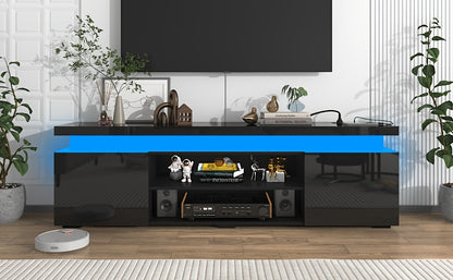 LED TV Stand For 85 Inch TV, Modern Gaming TV Stand With Power Outlet, High Gloss TV Console Entertainment Center With Storage And LED Lights For Living Room, Bedroom