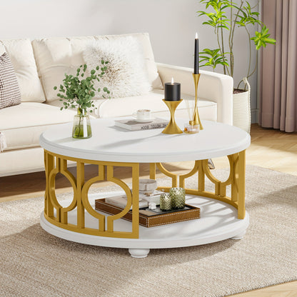 Round Coffee Table, 2-Tier Circle Coffee Table With Storage Shelf, Modern Center Table For Living Room & Office, White And Gold